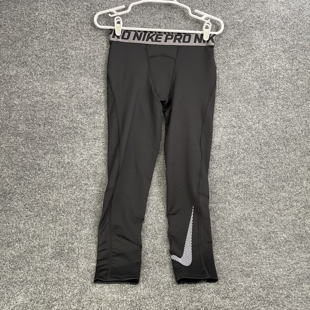 Nike Pro Therma Kids Compression Leggings Boys L Black Fleece Tapered
